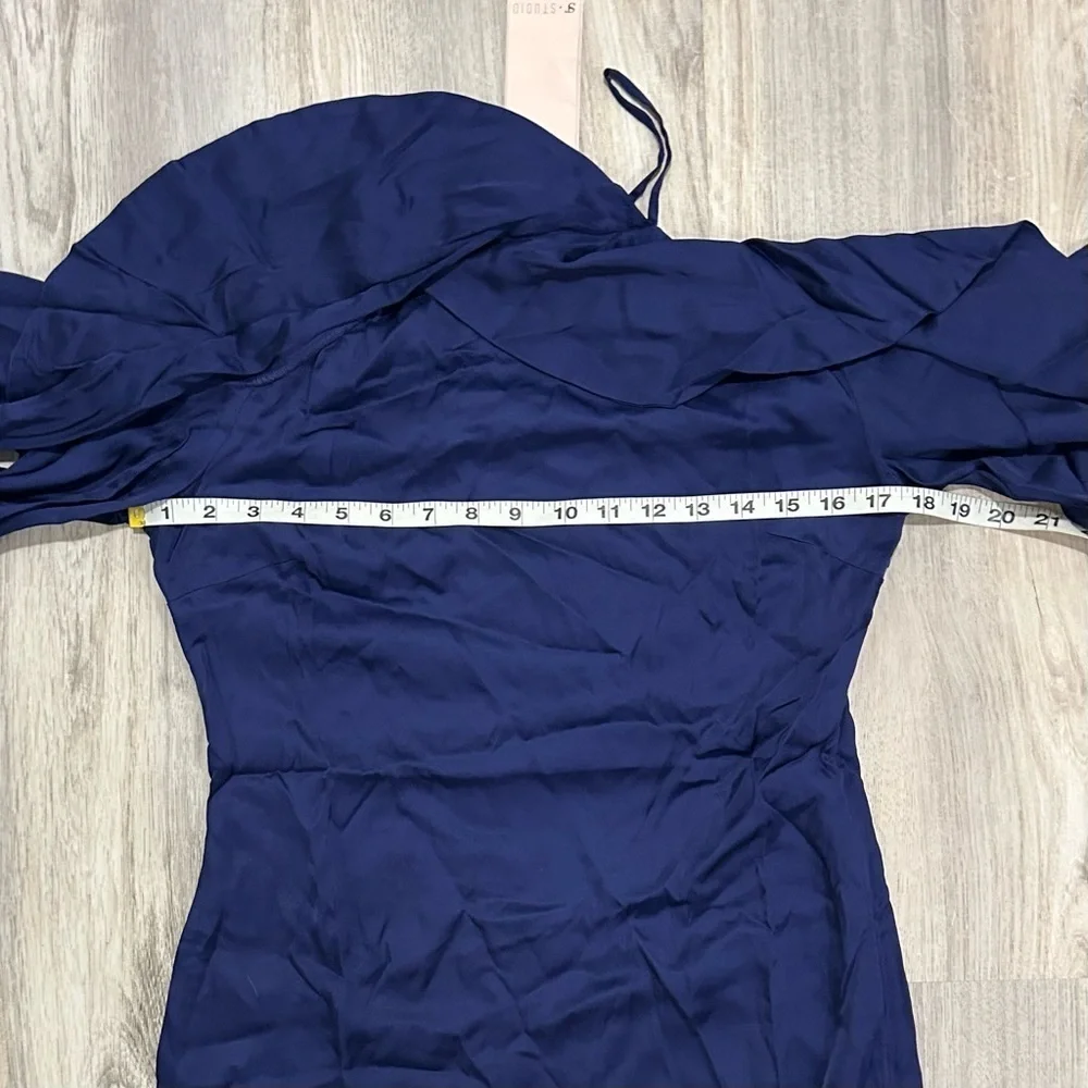 NWT SuperTrash ST Studio Navy Ruffle Off Shoulder Long Sleeve Mini Dress Size S - Picture 3 of 9